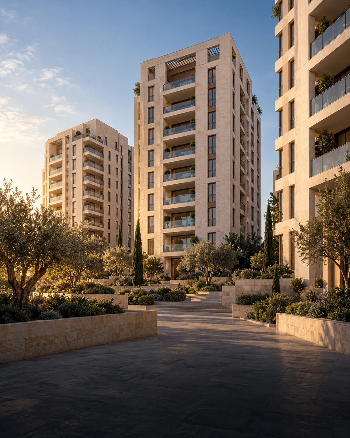 המחשה אדריכלית של מבני מגורים באבן טבעית ובאור בוקר
